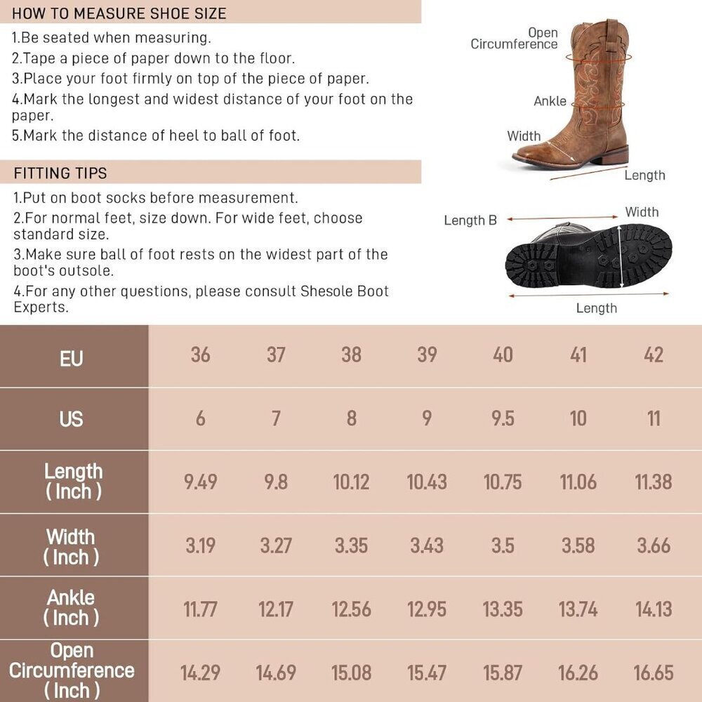 SheSole Womens Dark Brown Cowboy Square Toe Cowgirl Wide Calf Western Boots - Picture 6 of 6